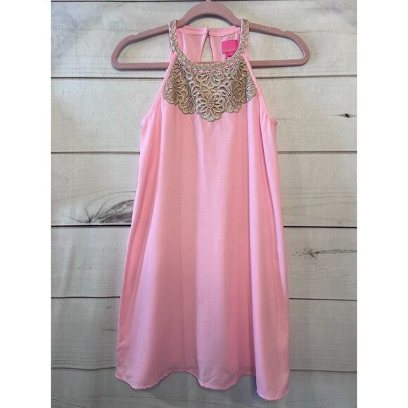 EUC 14 Girls Lilly Pulitzer Mini Pearl Shift Coral Reef Pink Gold Dress - Picture 1 of 5